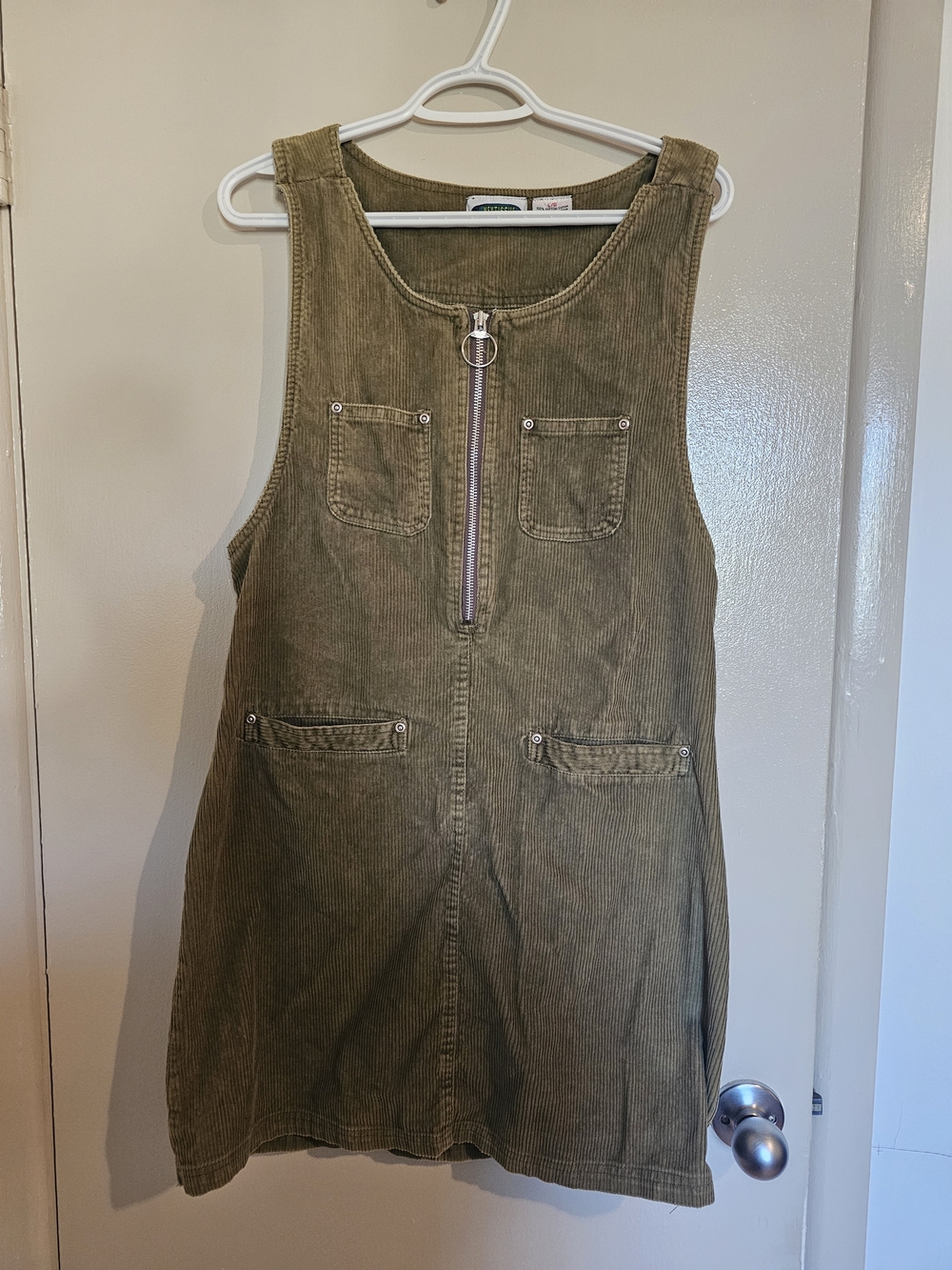 Womans Olive Green Corduroy Pinafore Dress with Front Zip